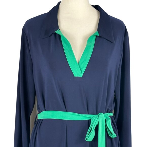 Birdie James Authentic Chic Navy Blue & Green Trim Wrinkle-Free Dress Size Med - Picture 7 of 7